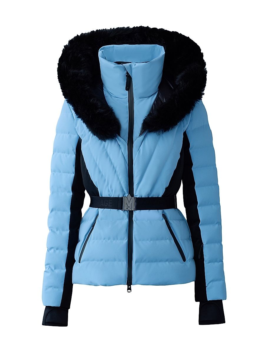 Women's Elita Belted Down Ski Jacket With Shearling Hood - Sky Blue - Size Medium
