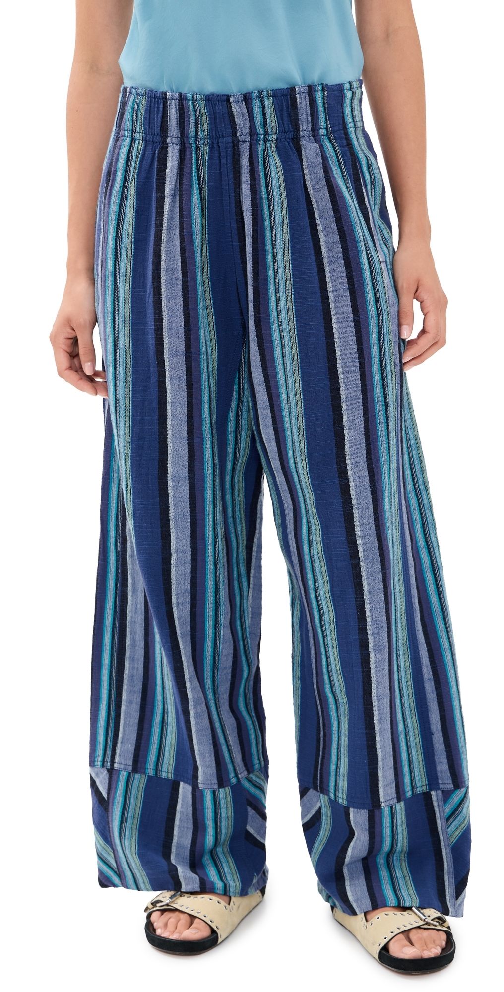 Free People Days End Solar Linen Stripe Pants Navy Combo L