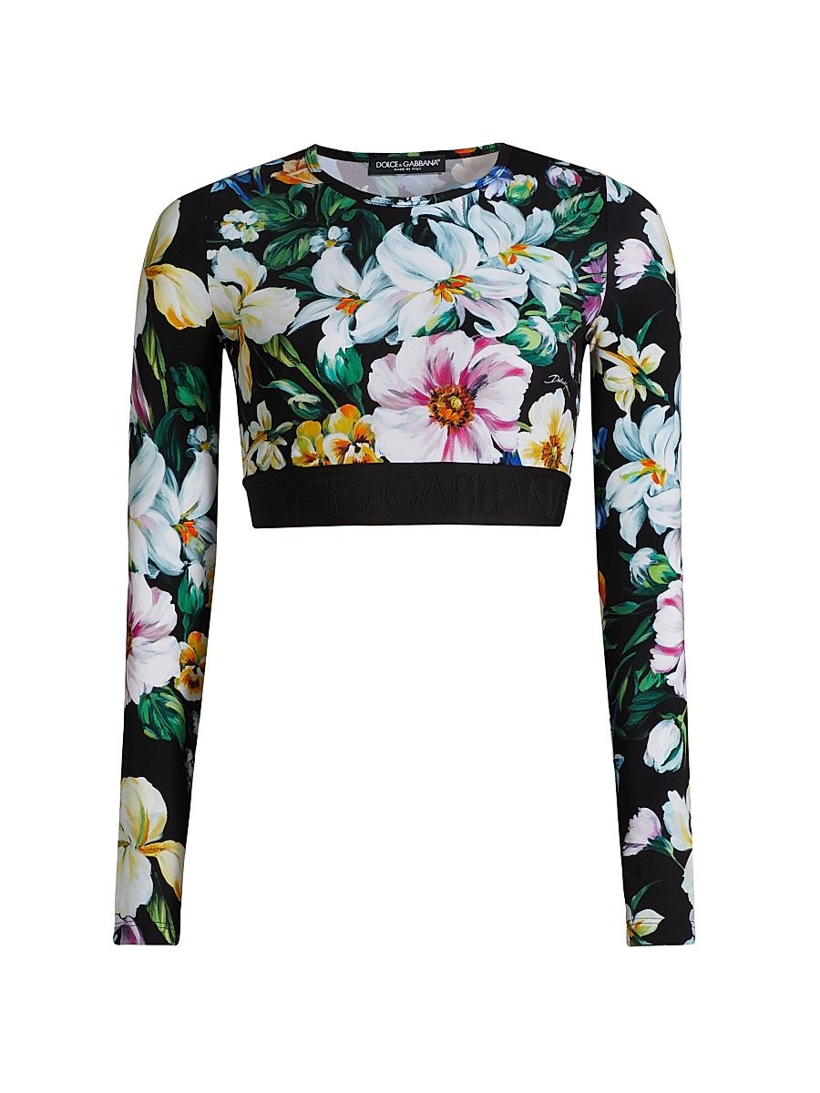 Women's Mixed Floral Crop Top - Mix Fiori Nero - Size 14