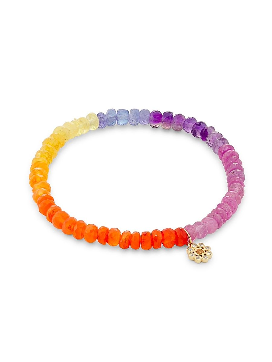 Women's Evil Eye Charm 14K Yellow Gold, 0.05 TCW Diamond, Sapphire & Semiprecious Stones Beaded Bracelet - Yellow Gold