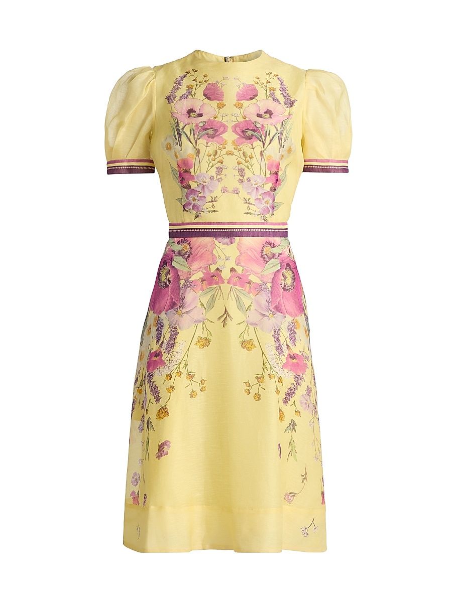 Women's Floral Silk-Linen Knee-Length Dress - Yellow Multi - Size 18
