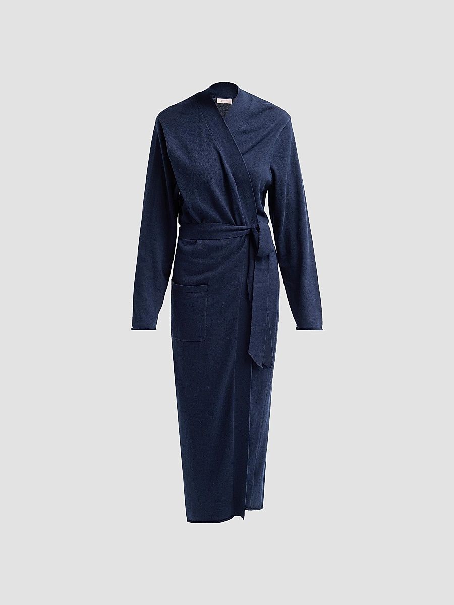 Women's Cotton-Cashmere Tie-Waist Robe - Deep Navy - Size XL
