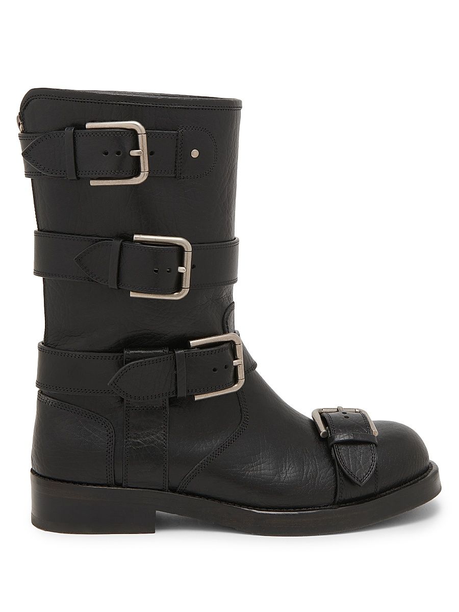 Women's Buckle-Detail Leather Moto Boots - Nero - Size 10