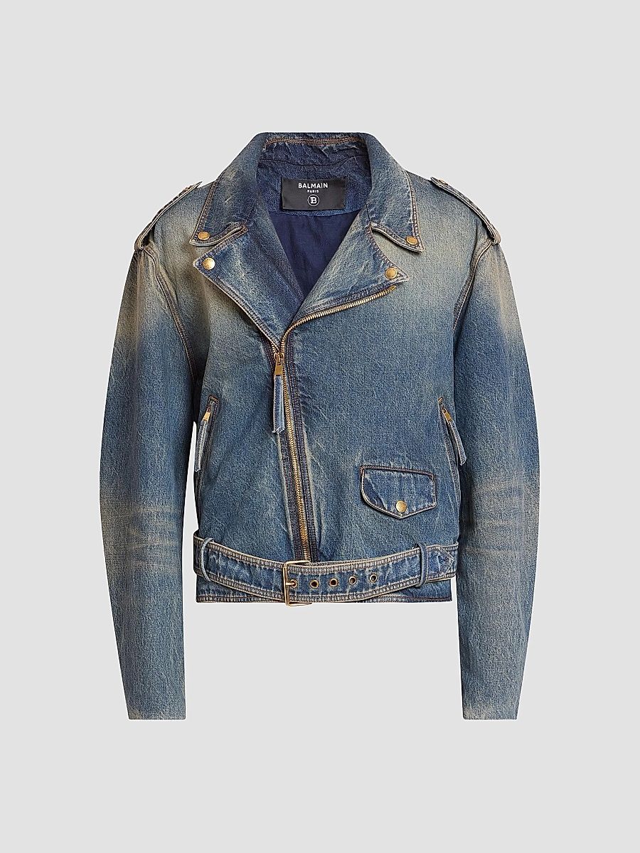 Balmain Men's Belted Denim Biker Jacket - Bleu Jean Delave - Size 44