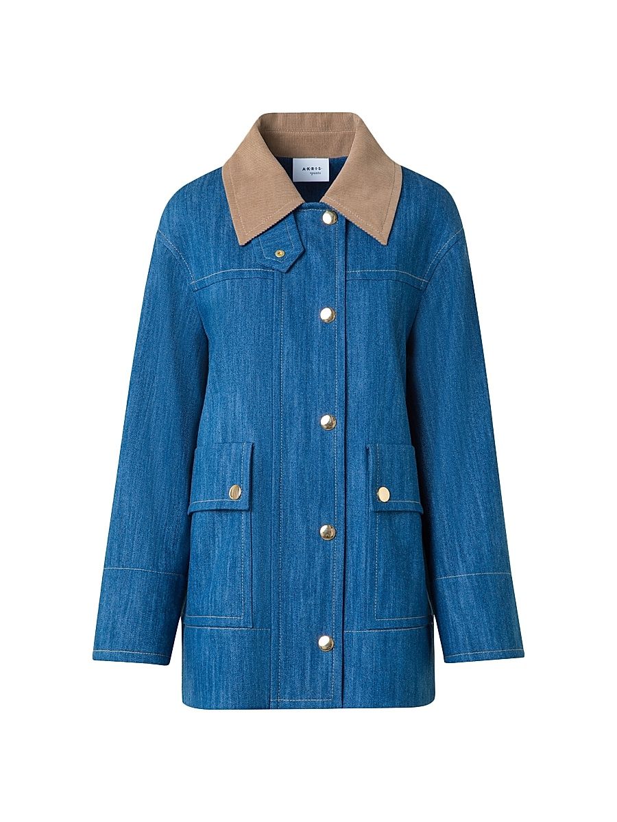 Women's Corduroy-Trimmed Denim Jacket - Medium Blue Denim - Size 4