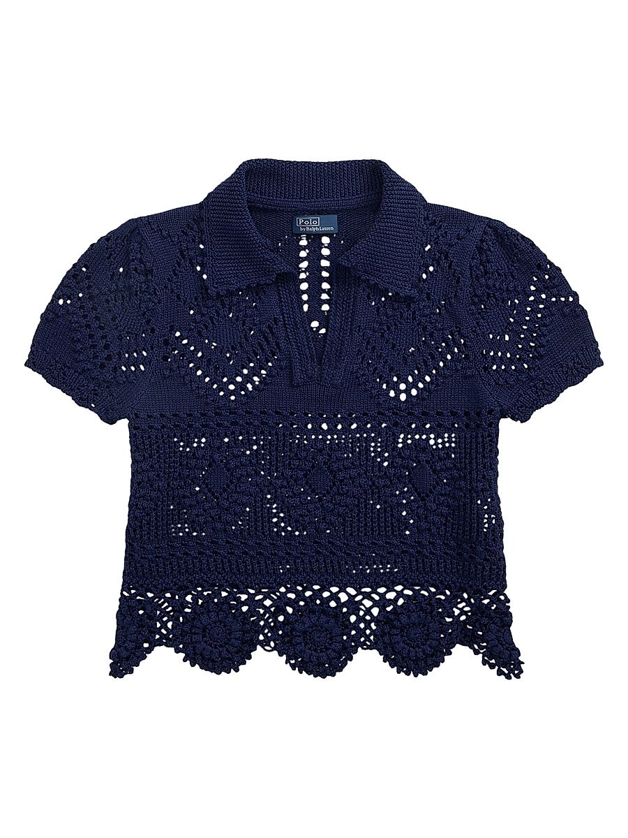 Women's Pointelle Cotton Short-Sleeve Polo Top - Spring Navy - Size XL