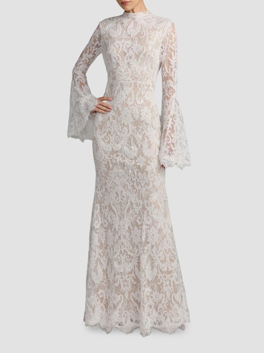 Mac Duggal Women's Lace Flare Sleeve Mermaid Gown - Ivory Beige - Size 14