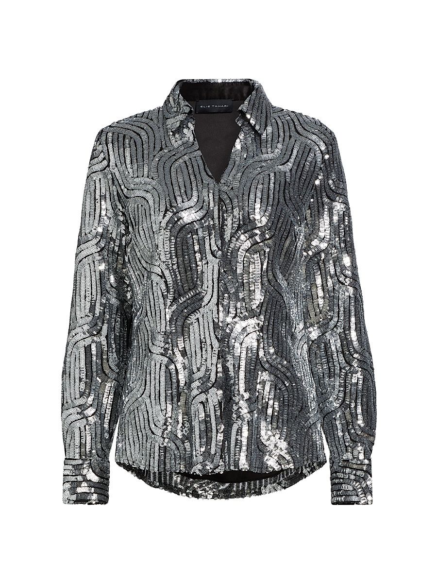 Women's The Bella Sequined Button-Front Blouse - Noir With Silver Sequins - Size Medium