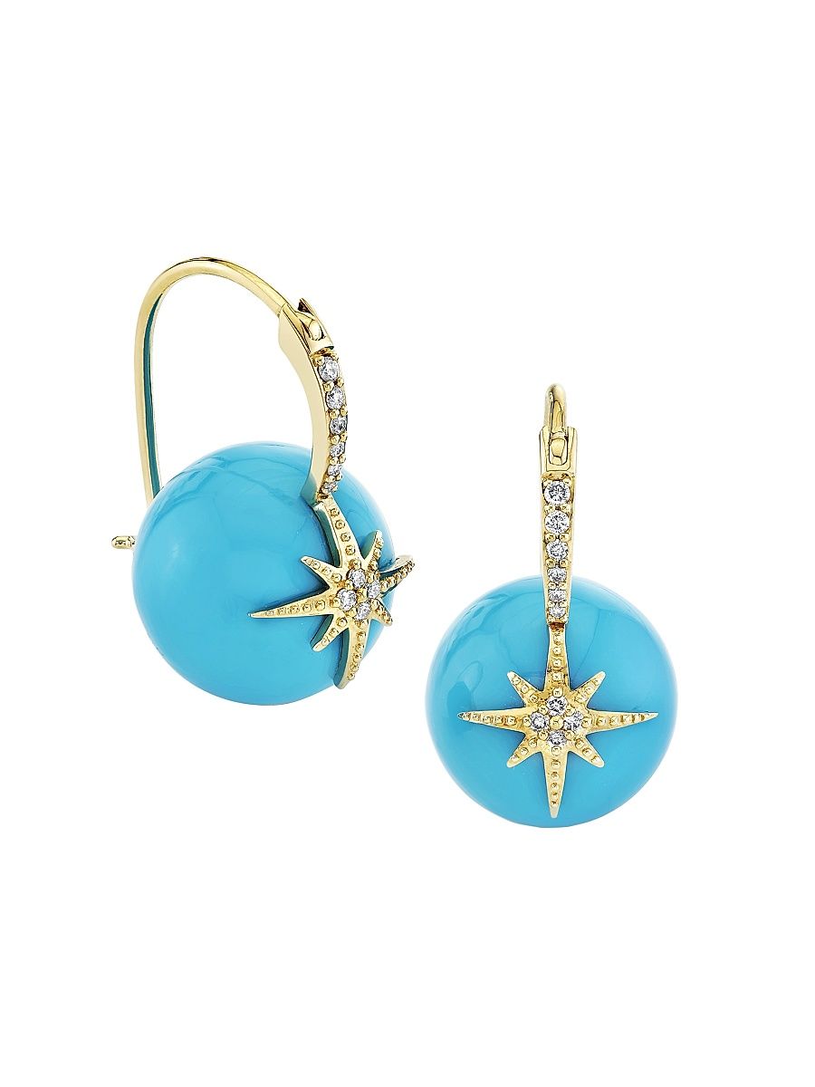 Women's Overboard 14K Yellow Gold, Turquoise & 0.09 TCW Diamond Drop Earrings - Turquoise