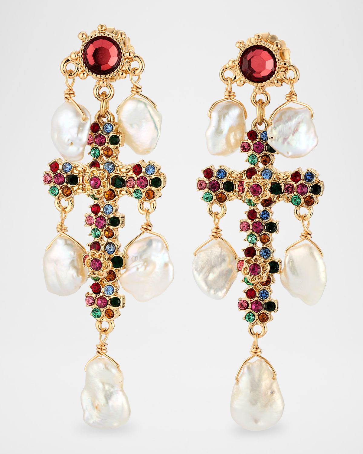 White Pearl and Multicolored Crystal Cross Earrings