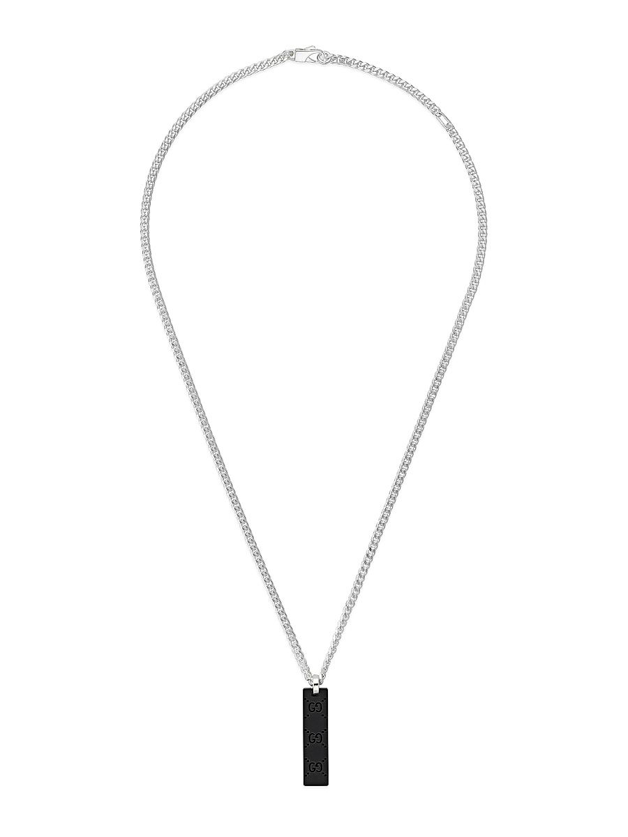 Men's Sterling Silver & Leather Tag Pendant Necklace - Silver Black