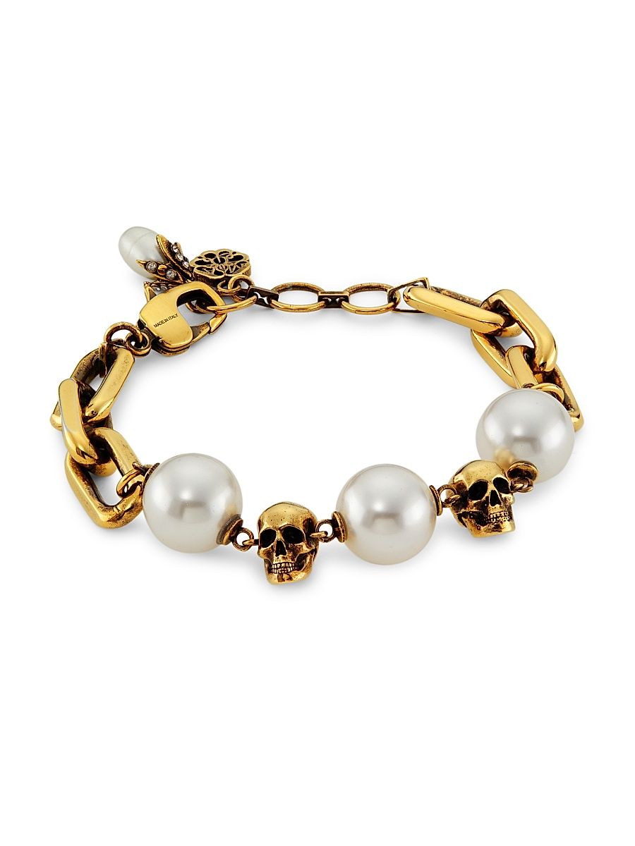 Women's Goldtone & Imitation Pearl Skull Chain Bracelet - Navy Red