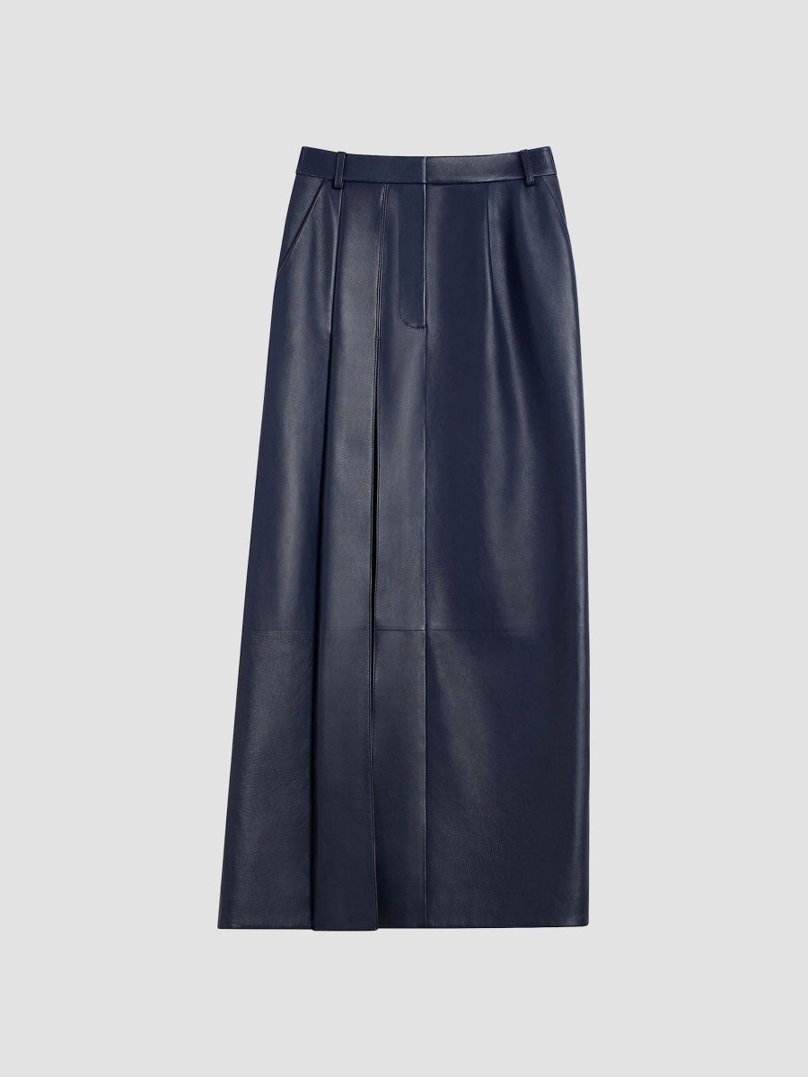 Givenchy Women's Slashed Midi Skirt in Leather - Navy - Size 4