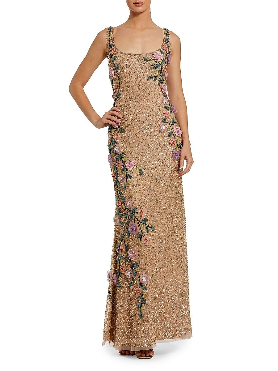 Women's Evening Embellished Floral Scoopneck Gown - Gold Multi - Size 14