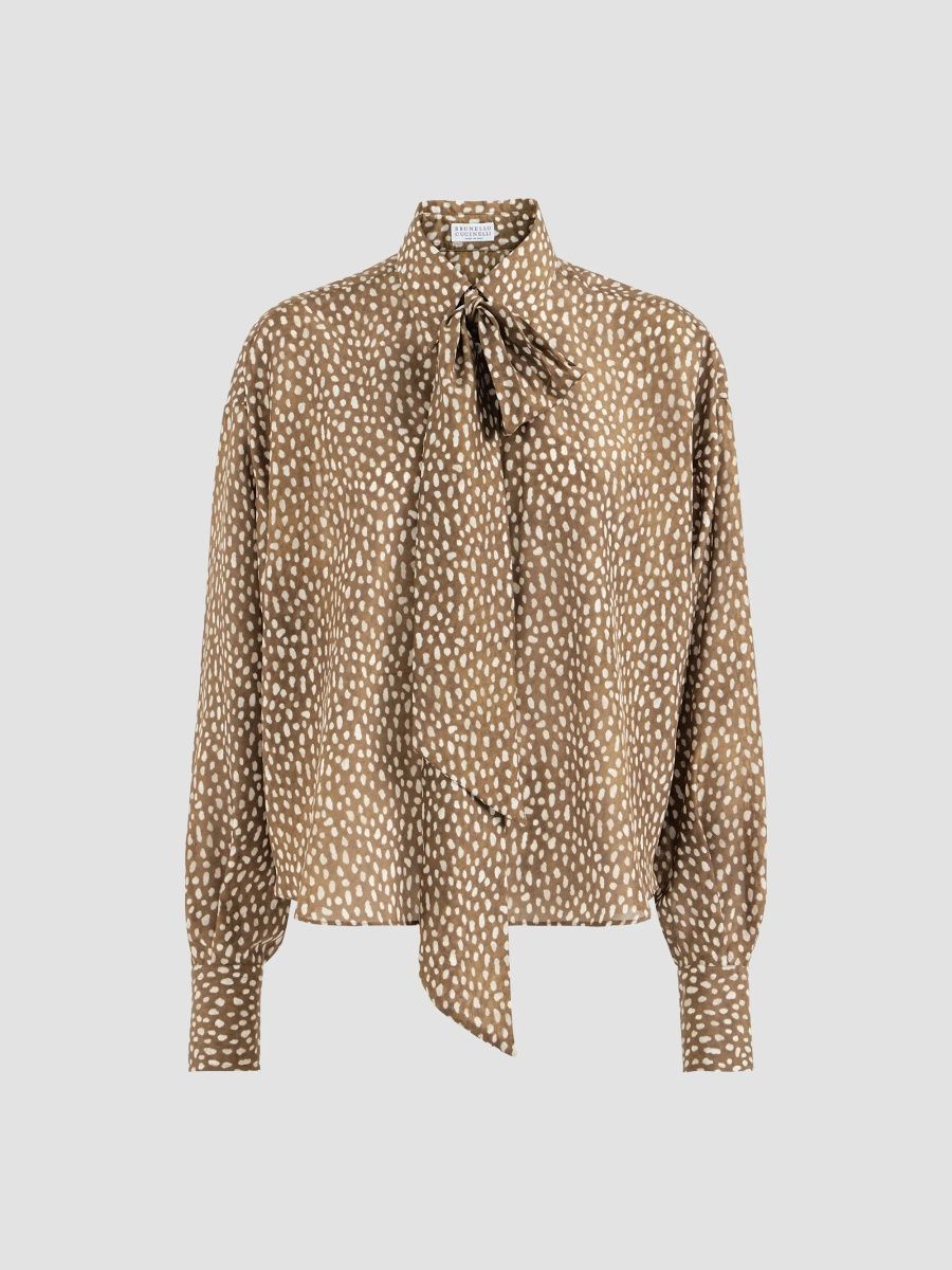 Brunello Cucinelli Women's Silk Dapple Pongee Pussybow Blouse with Monili - Dattero - Size XXL
