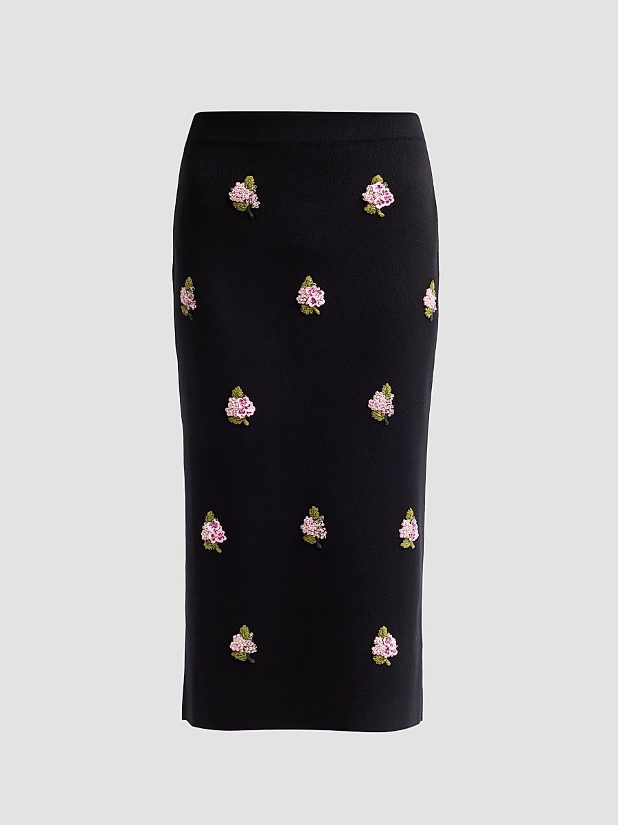 Women's Floral-Beaded Silk-Cotton Pencil Skirt - Black Multi - Size Large