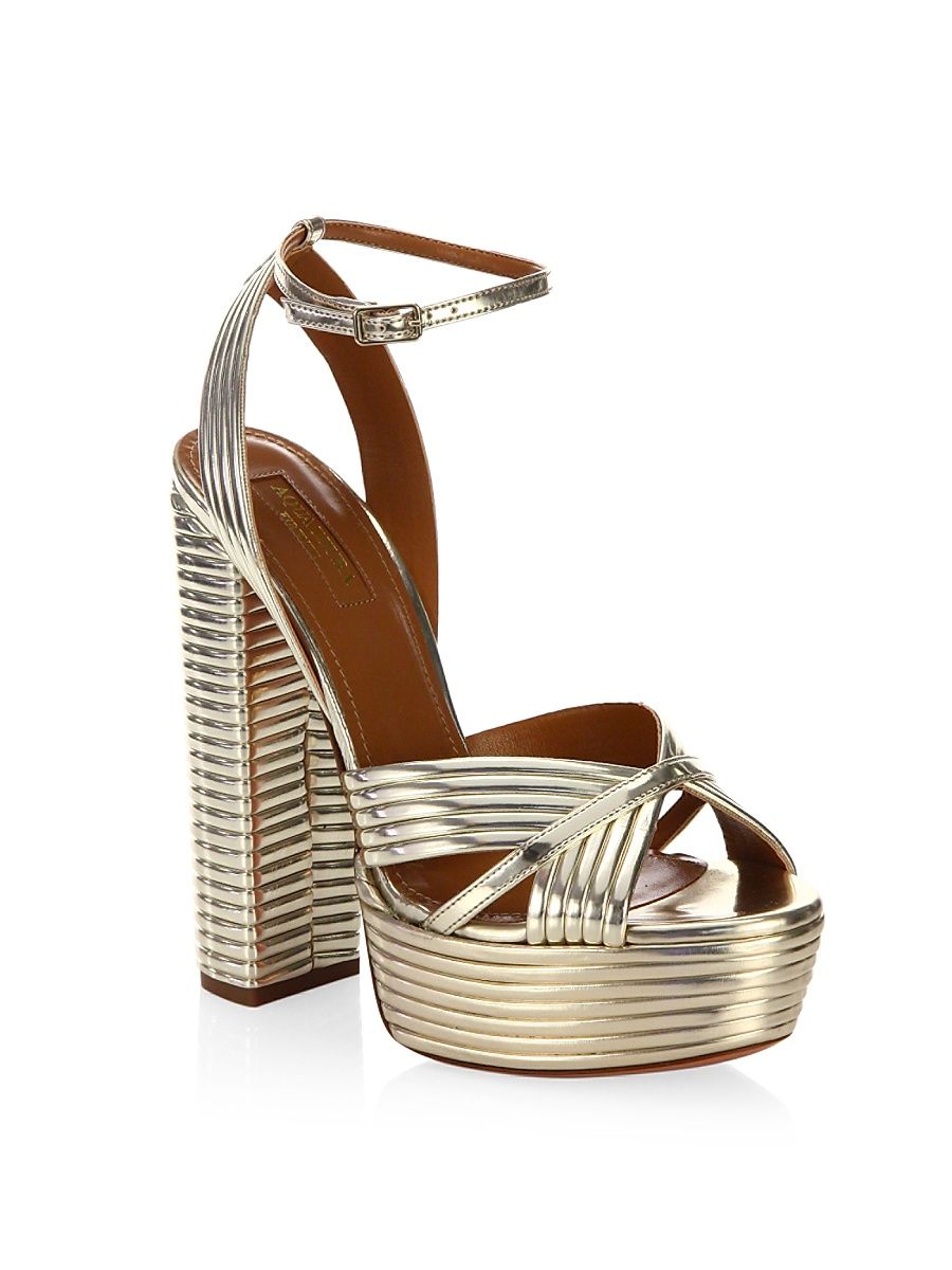 Women's Sundance Ribbed Metallic Leather Platform Sandals - Light Gold - Size 7.5