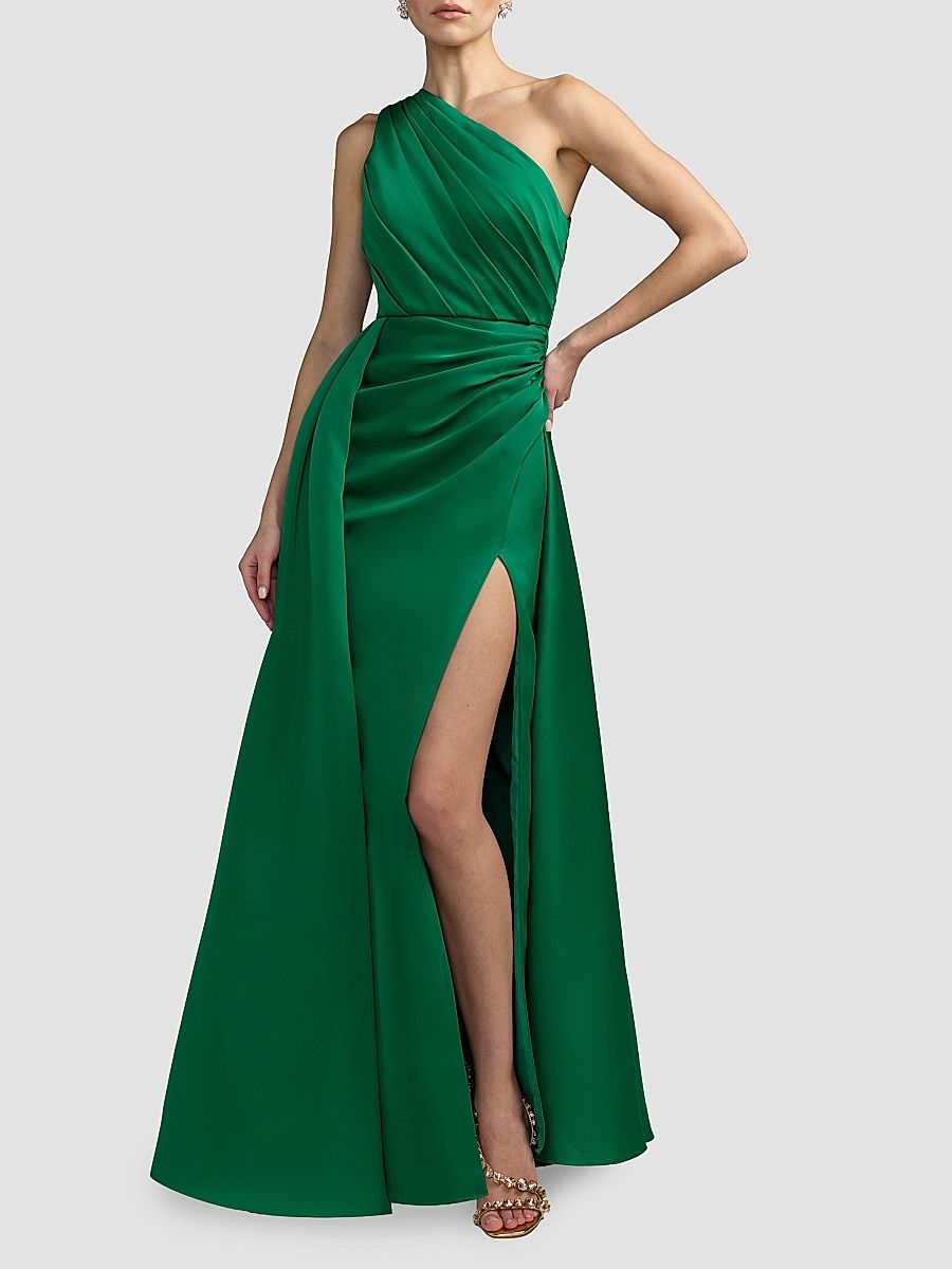 Women's One-Shoulder Satin Column Gown - Emerald - Size 14