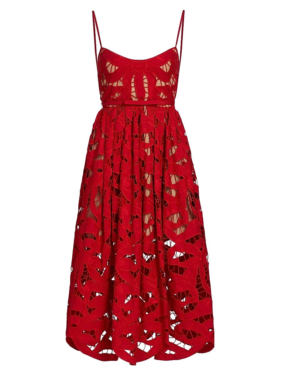 Women's Bow Embroidered Cotton Midi-Dress - Red - Size 10