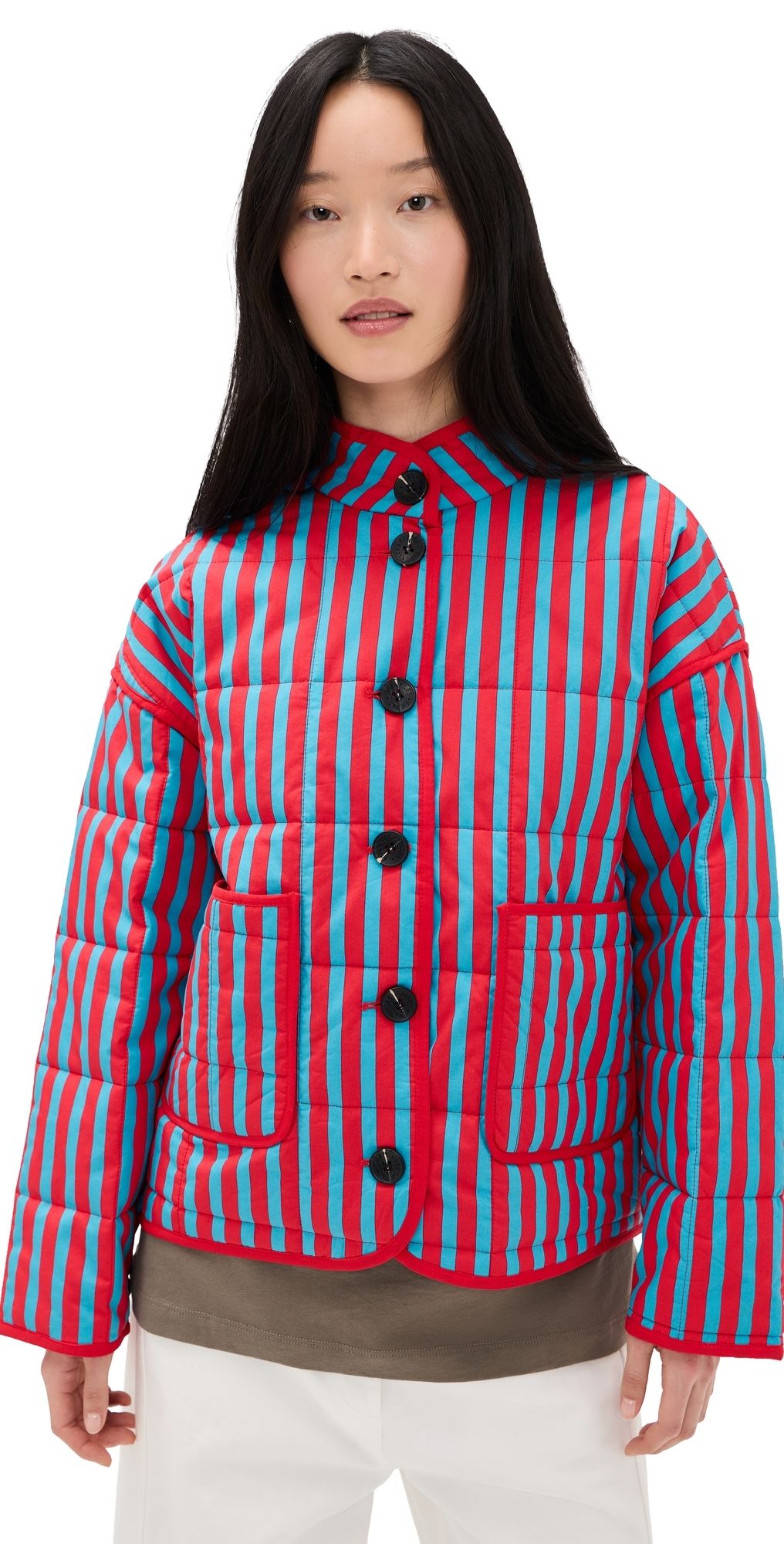 Avec Les Filles Box Quilted Jacket Sailor Blue/Tomato Stripe S
