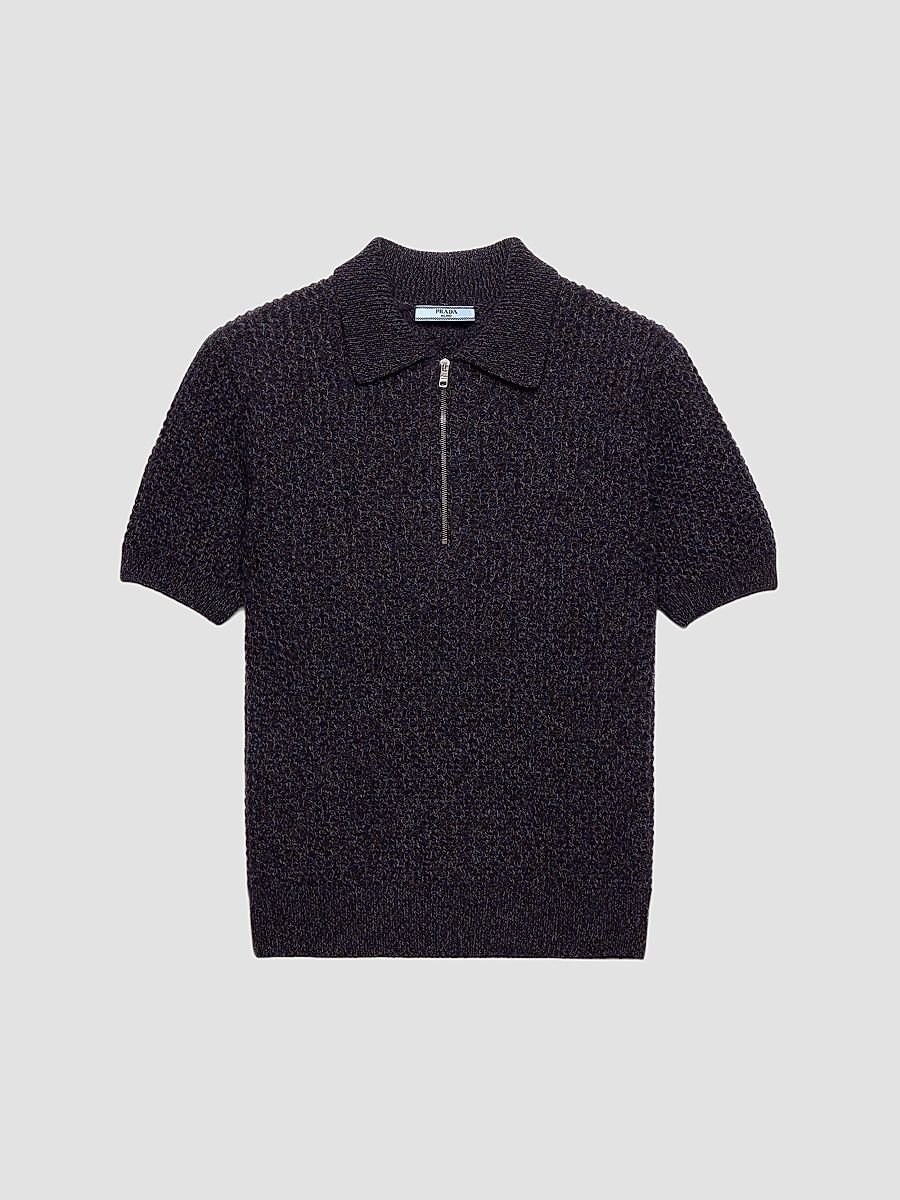 Women's Short-Sleeved Wool and Mouliné Cashmere Polo Sweater - Brown - Size 10