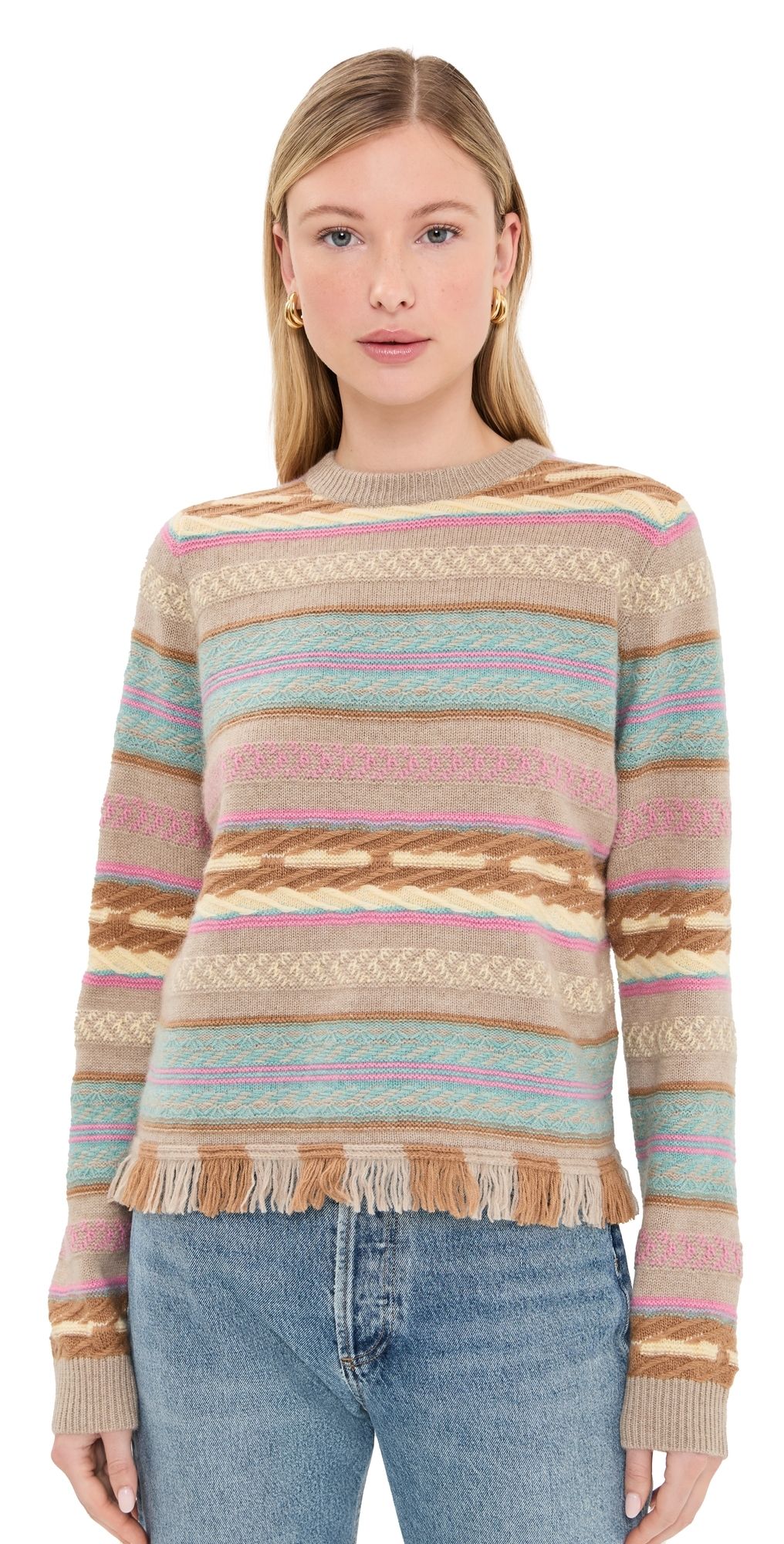 Guest in Residence Western Stripe Crew Pullover Taupe Combo M