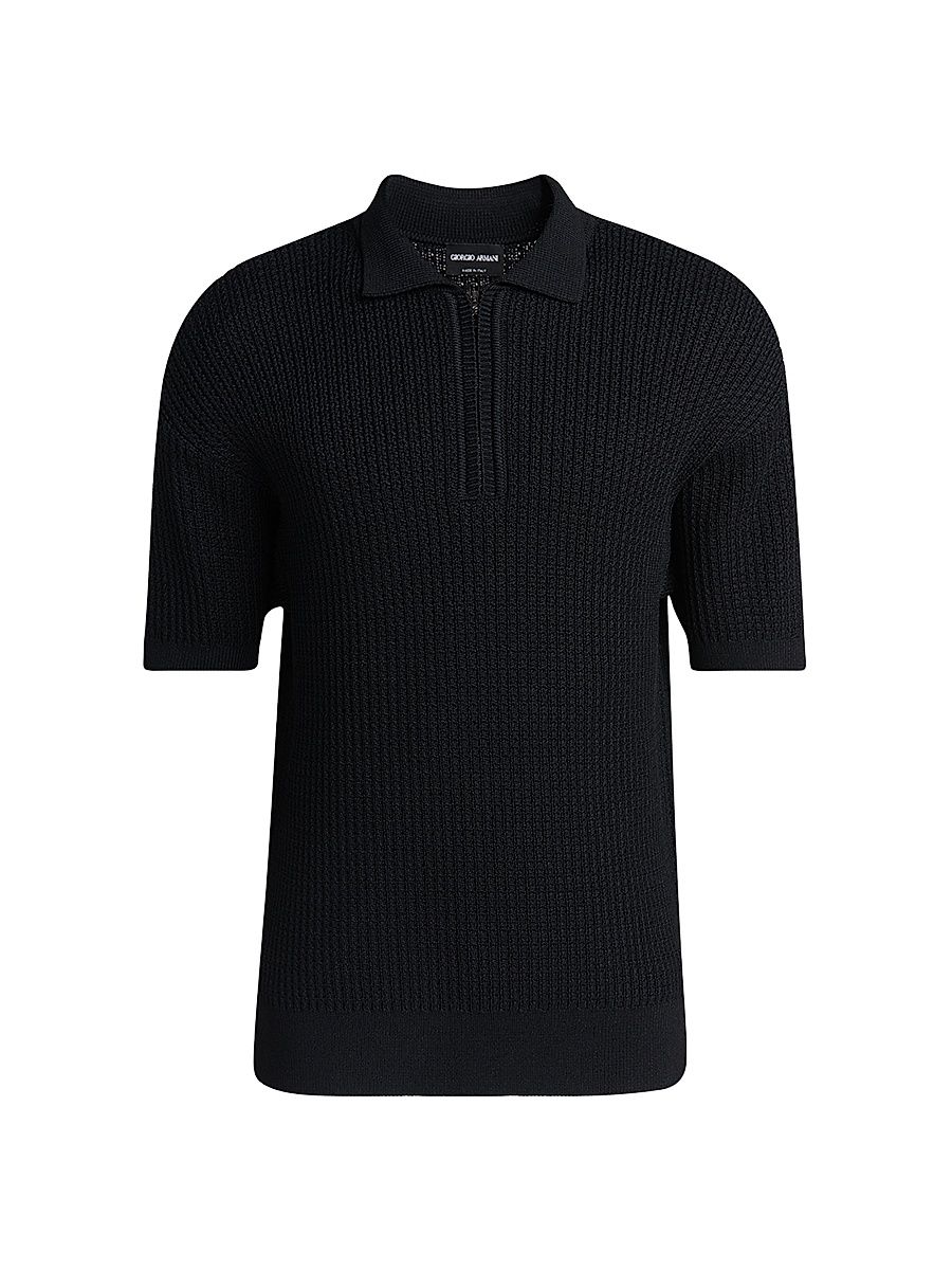 Men's Ribbed-Knit Quarter-Zip Polo Sweater - Black - Size 42