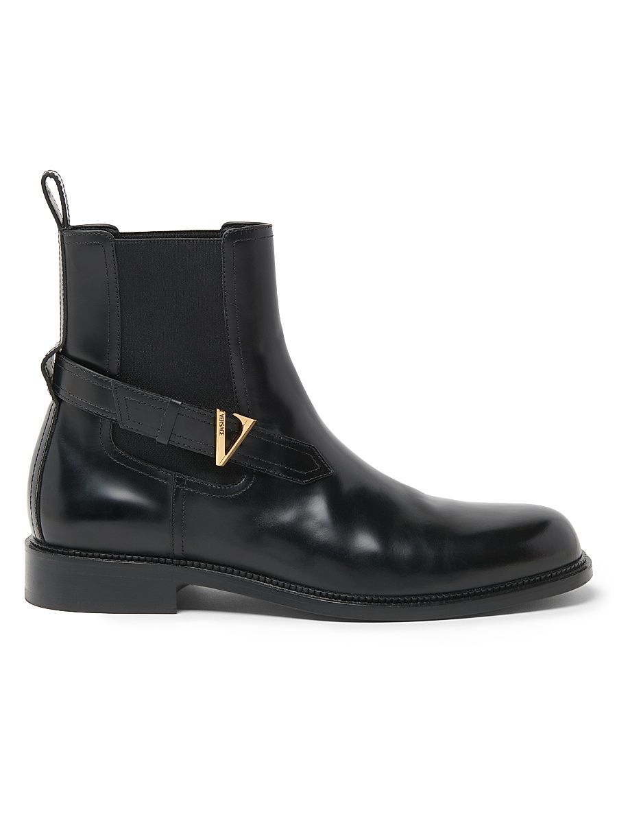 Men's V-Logo Ankle-Strap Leather Booties - Black Vercase Gold - Size 13
