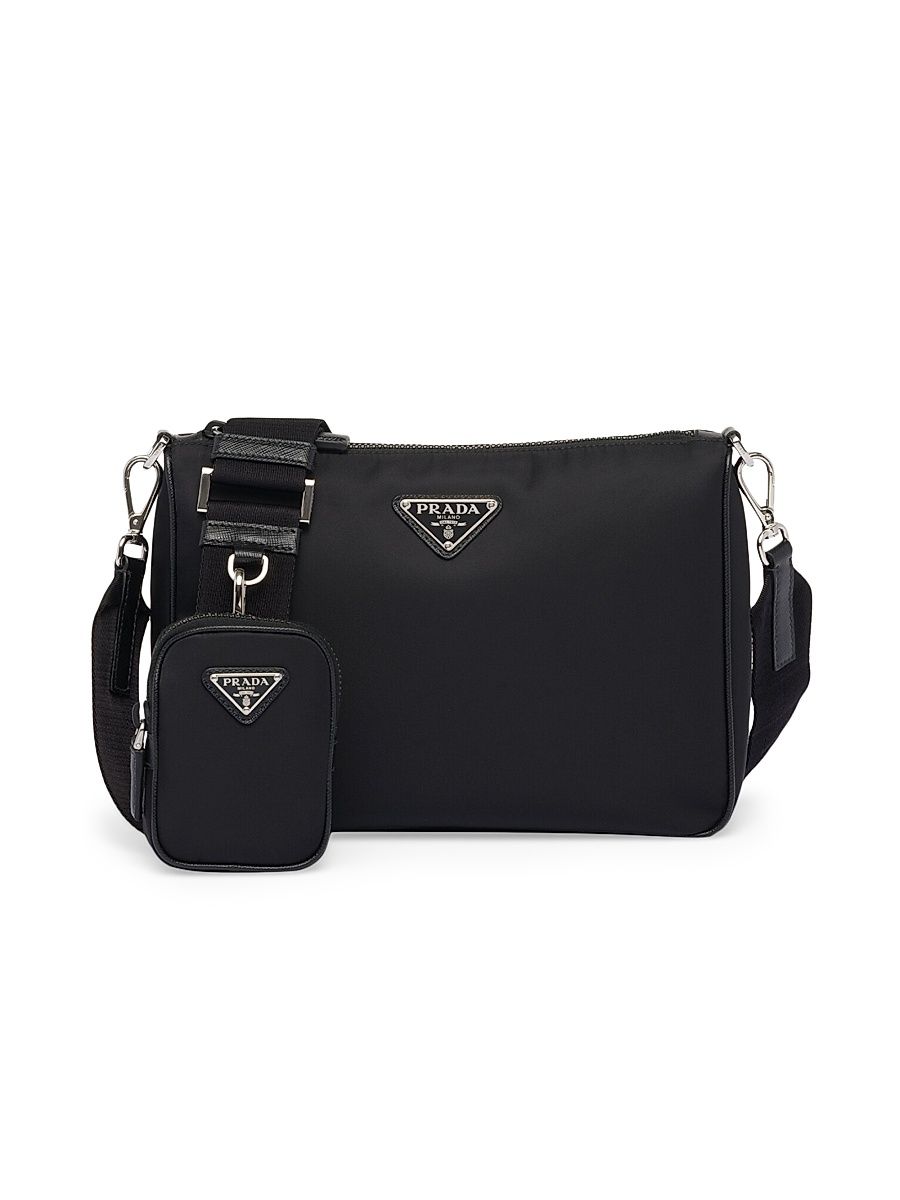 Men's Re-Nylon and Saffiano Leather Shoulder Bag - Black