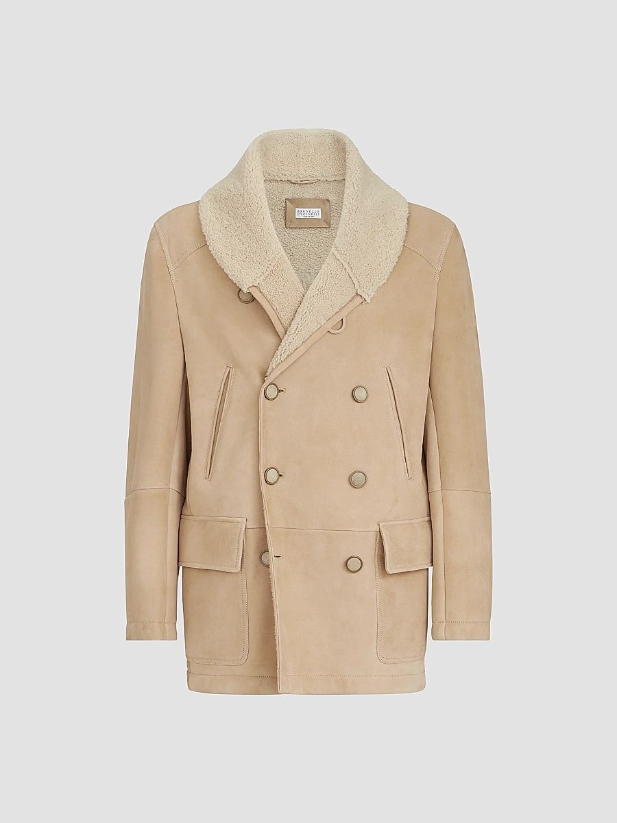 Men's Suede Curly Shearling Peacoat with Shawl Collar - Sand - Size Medium