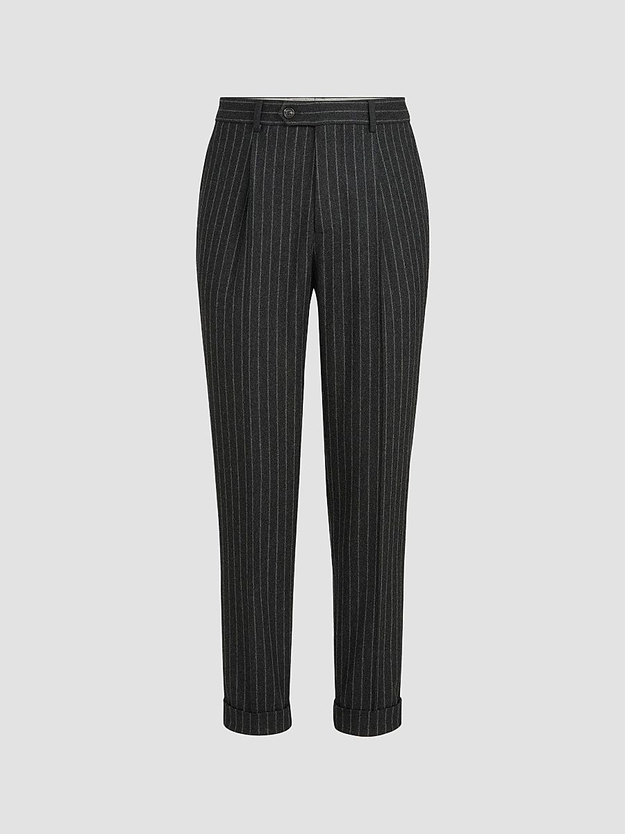 Brunello Cucinelli Men's Virgin Wool and Cashmere Chalk Stripe Flannel Trousers - Anthracite - Size 34