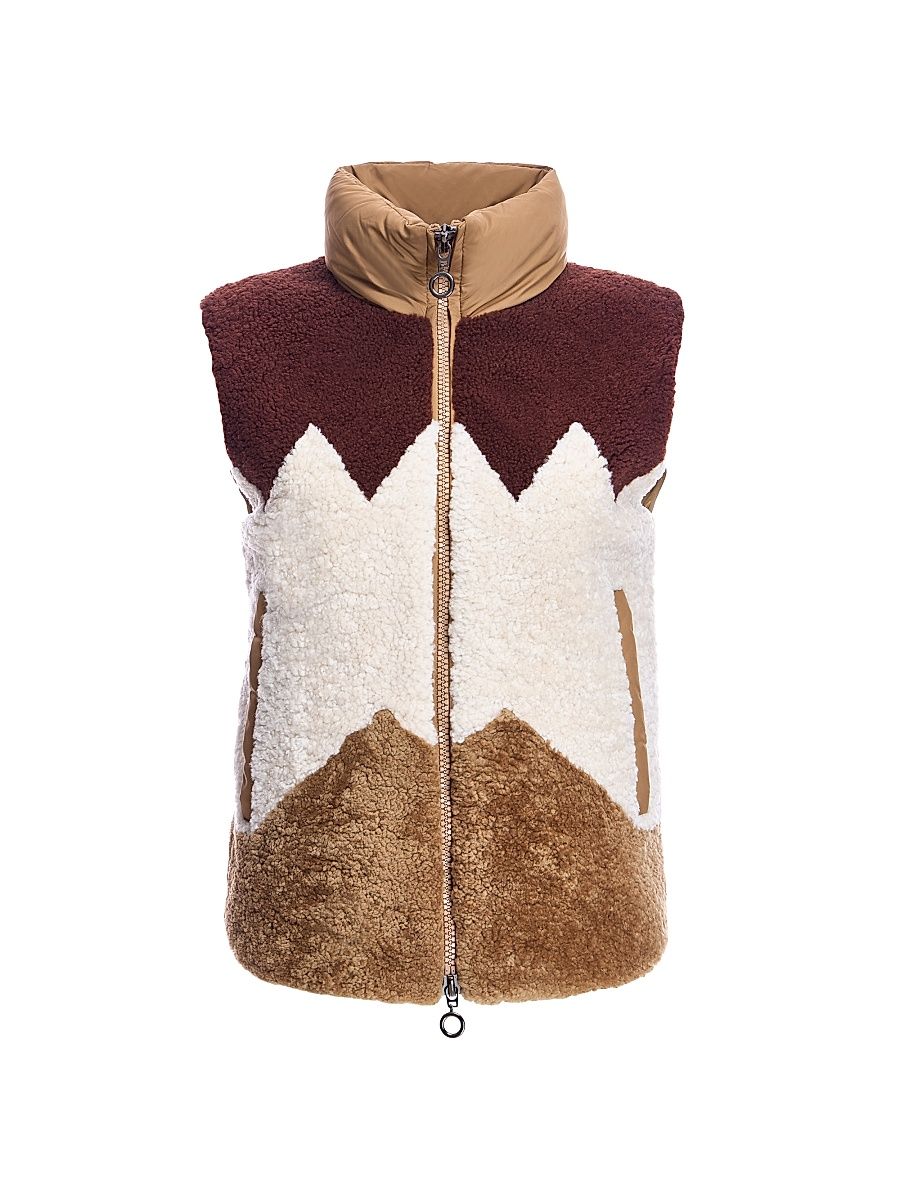 Women's Colorblocked Geometric Shearling Vest - Brown Multi - Size Medium