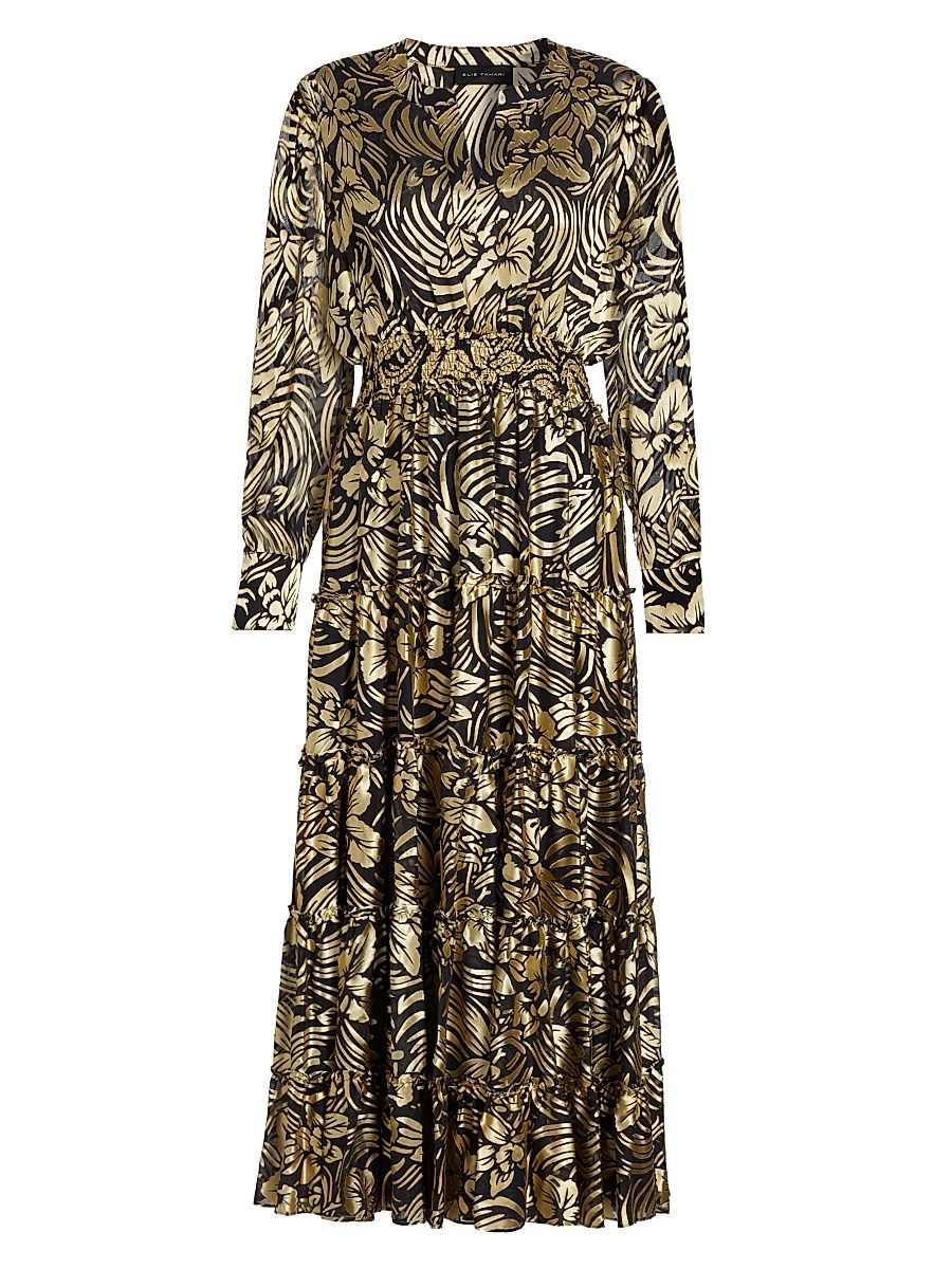Women's The Francesca Metallic Burnout Tiered Midi-Dress - Mystic Gold Floral Burnout - Size Small