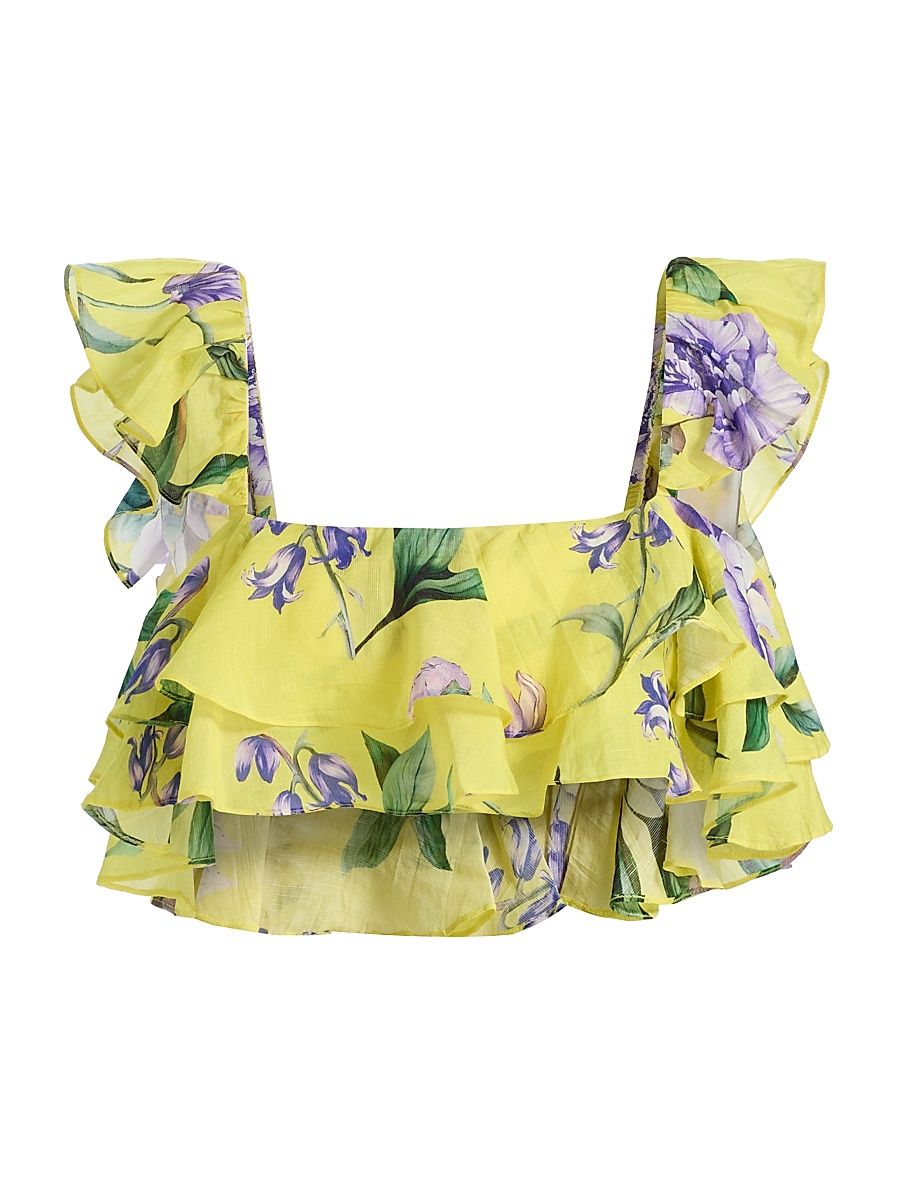 Women's Ruffled Floral Linen-Blend Top - Yellow - Size Small