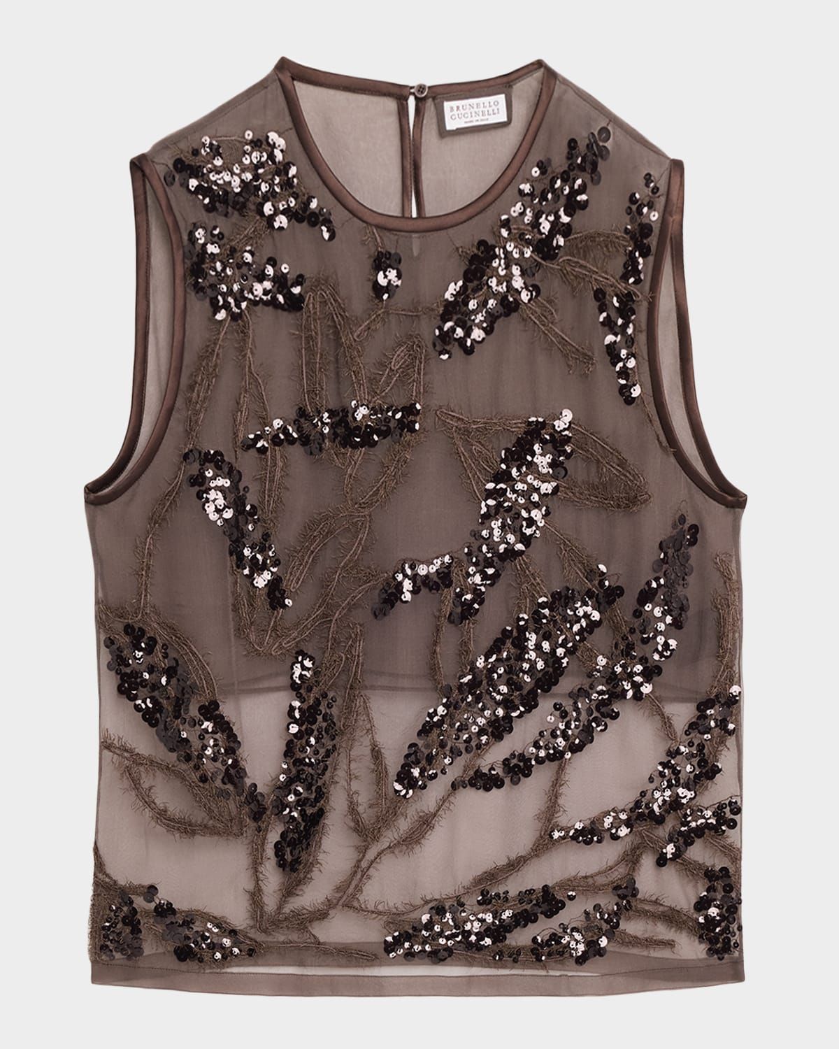 Sequin Leaf Embroidered Crispy Silk Chiffon Top