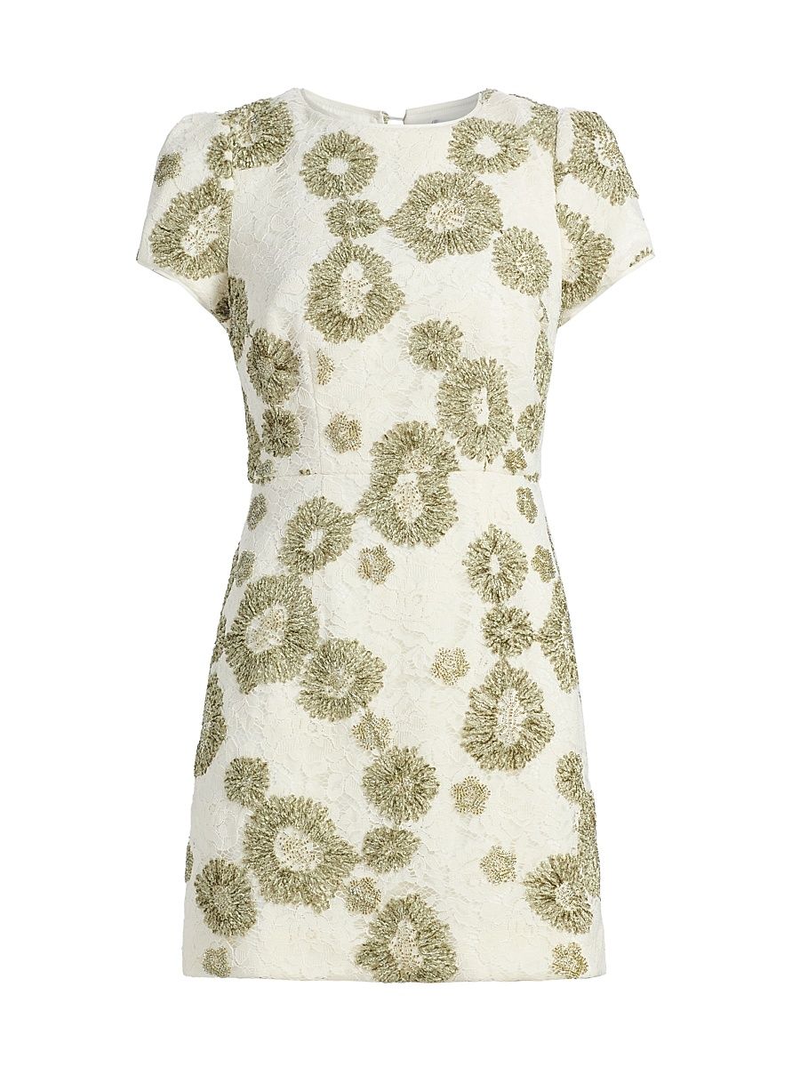 Women's Daisy Beaded Embroidered Minidress - White Green - Size 12