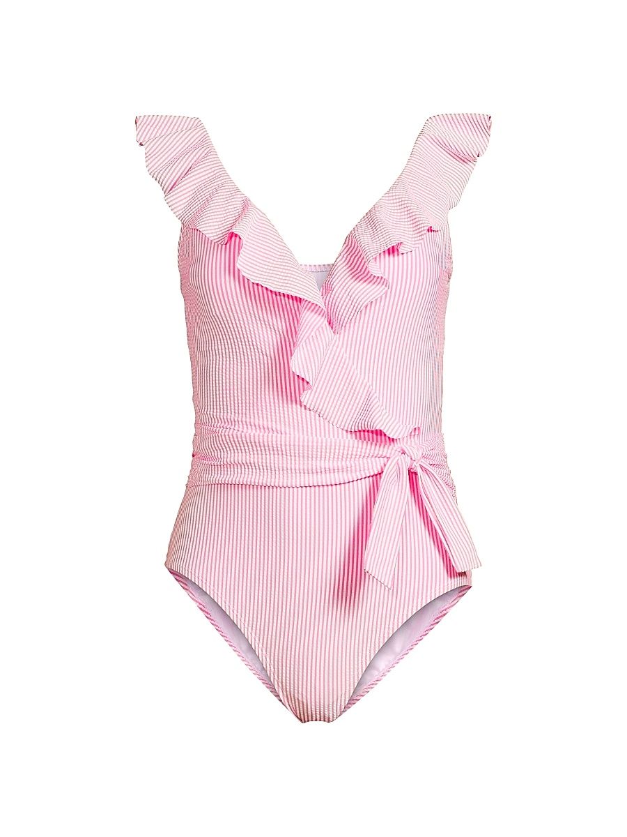 Women's Delphie Seersucker Ruffled One-Piece Swimsuit - Roxie Pink Swim Stripe - Size 12