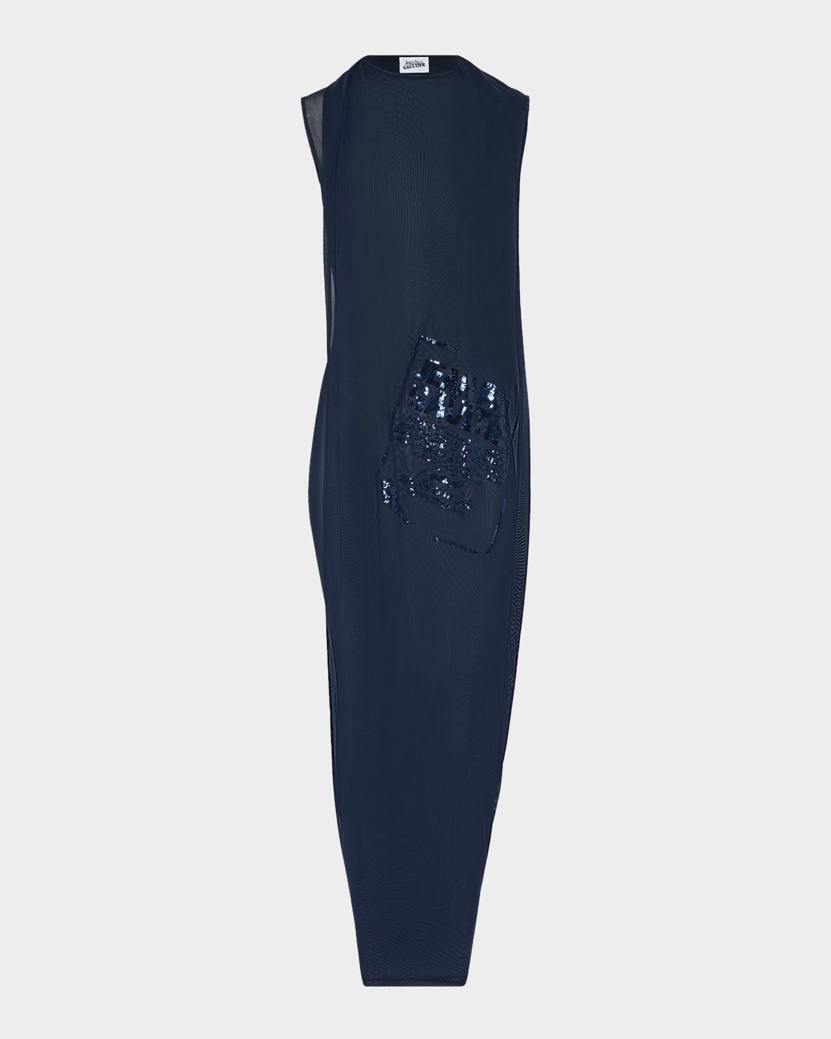 Sequined Label Draped Mesh Maxi Dress