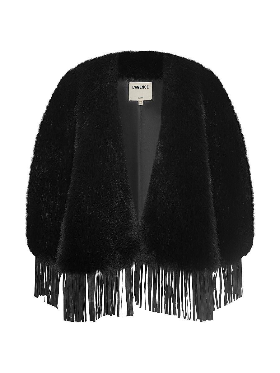 Women's Nathalia Fringe-Trim Faux-Fur Cape Top - Black - Size Large