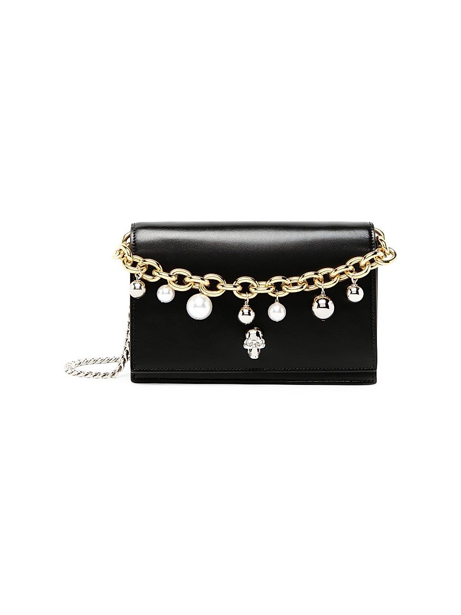 Women's Small Skull Charm Leather Shoulder Bag - Black Silver