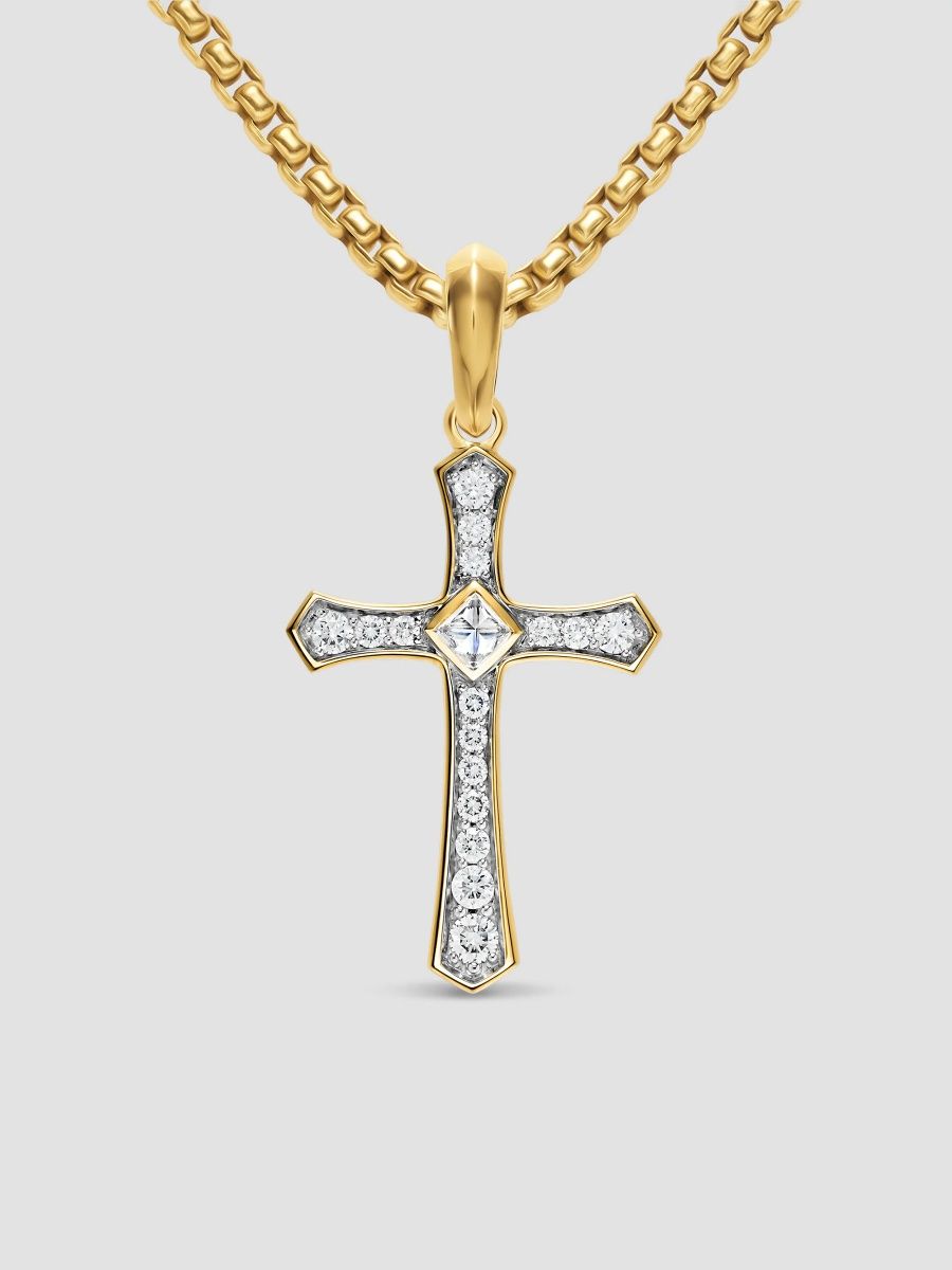 David Yurman Men's Knife Edge Cross Amulet in 18K Yellow Gold - Diamond