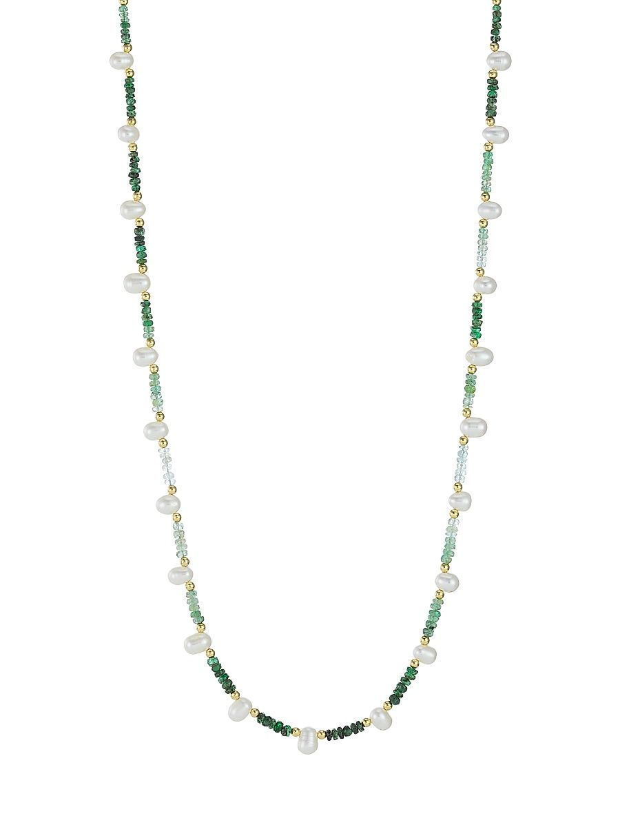 Women's 14K Yellow Gold, Emerald, & Pearl Long Necklace - Green