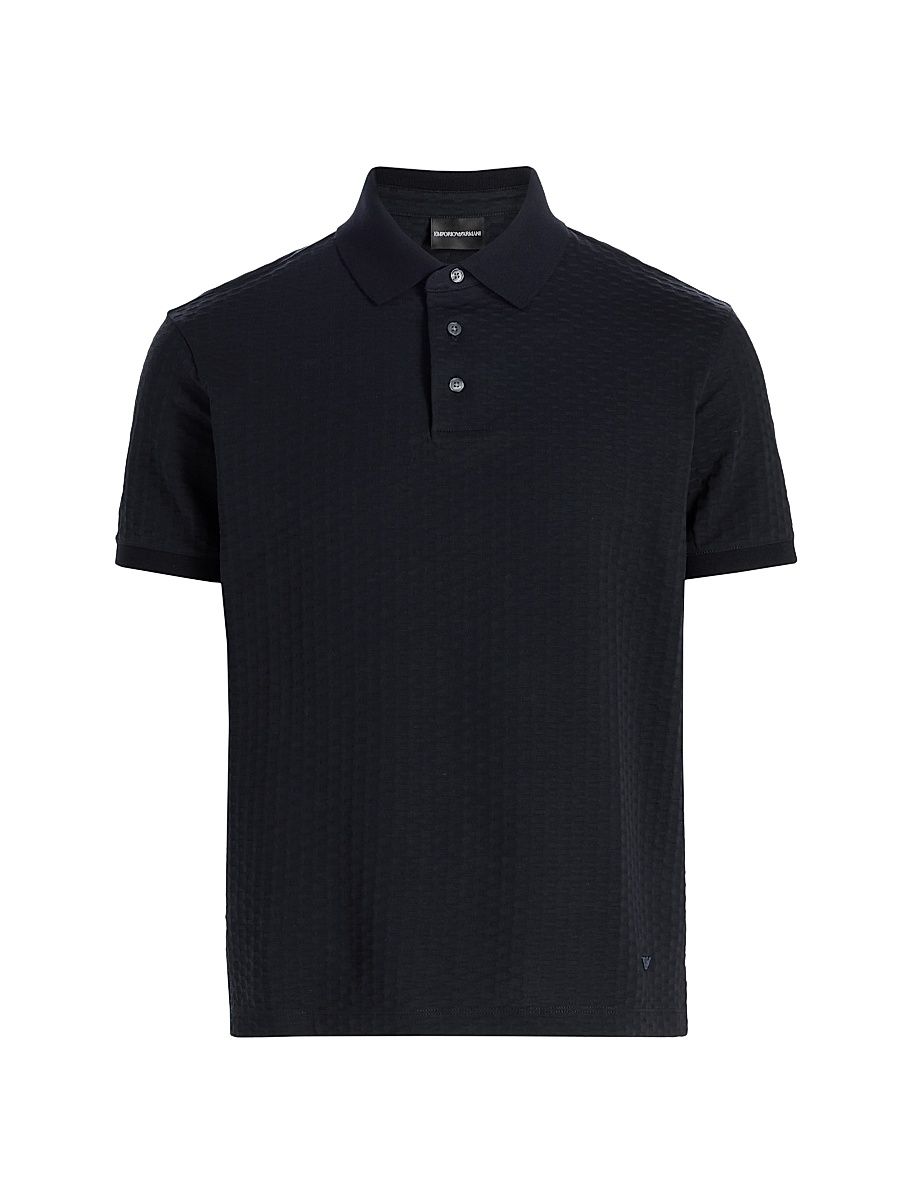 Men's Textured Geometric-Print Cotton Polo Shirt - Navy - Size XXL