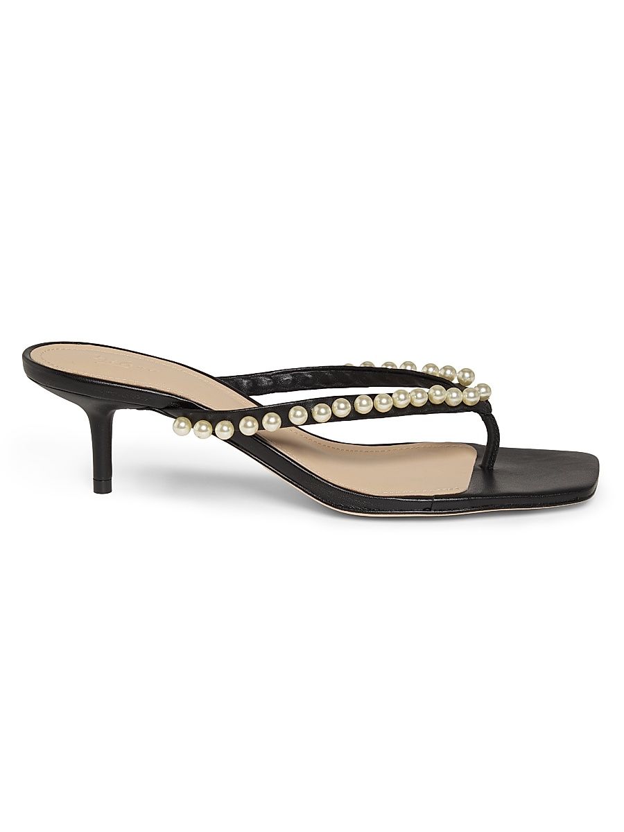 Women's 50MM Imitation Pearl-Embellished Leather Sandals - Black - Size 11