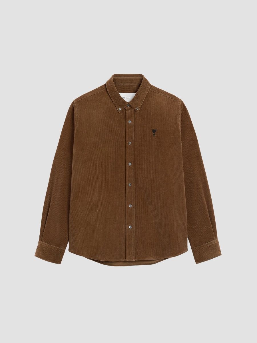 AMI Paris Men's Quota Contrasted Ami De Coeur Button-Down Shirt - Marron Chocolate - Size 17