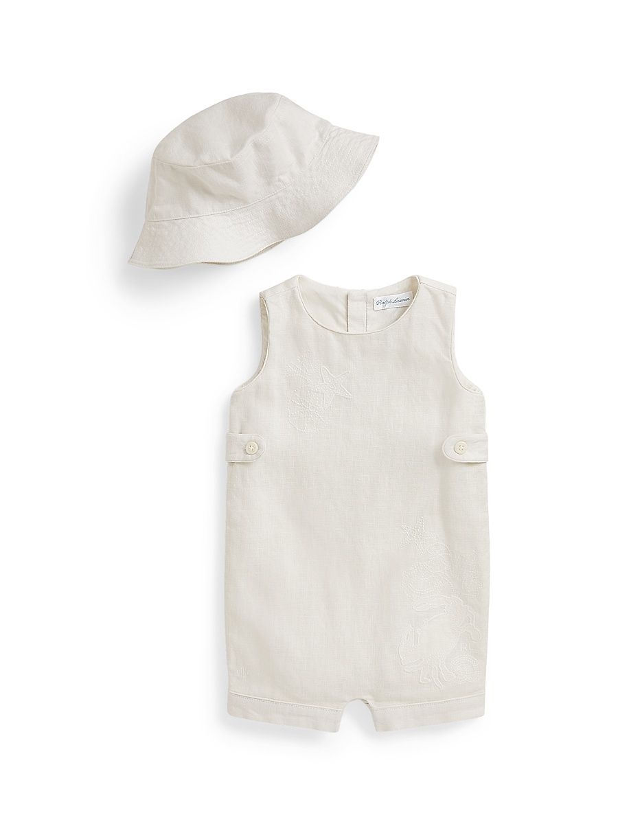 Baby's Linen Shortall & Bucket Hat Set - Antique Cream - Size 12 Months