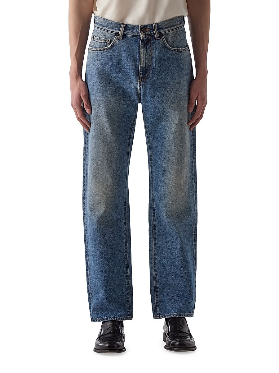 Men's Washed-Denim Mid-Rise Straight-Leg Jeans - Vintage Blue - Size 38