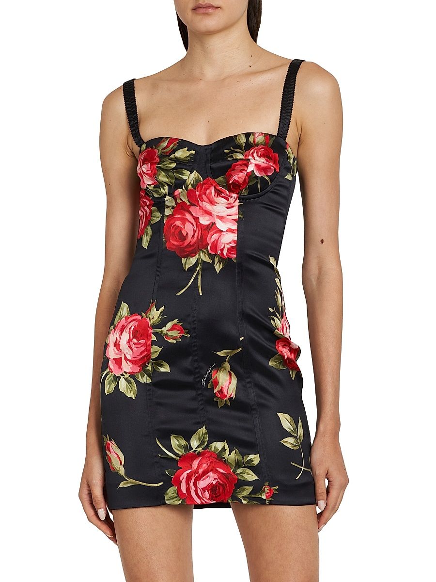 Women's Floral Bustier Minidress - Bouquet Rose F Nero - Size 12