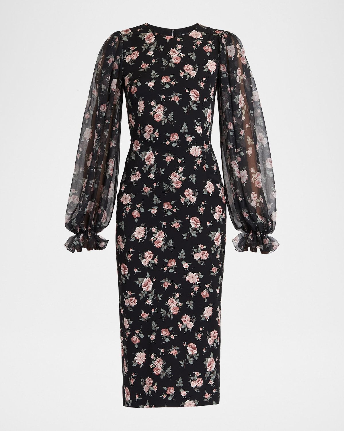 Vintage Roses-Print Charmeuse Midi Dress