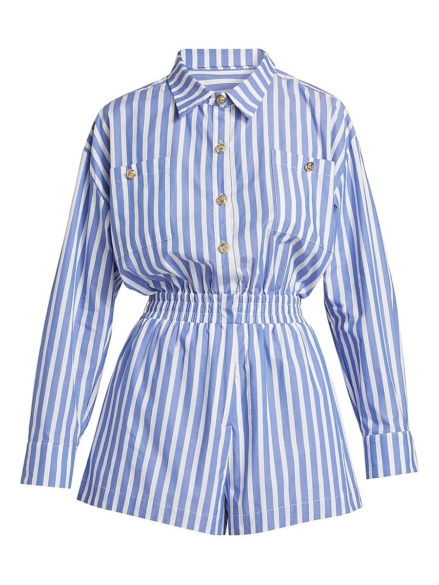 Women's Yera Striped Cotton Poplin Romper - White Blue Stripe - Size XL